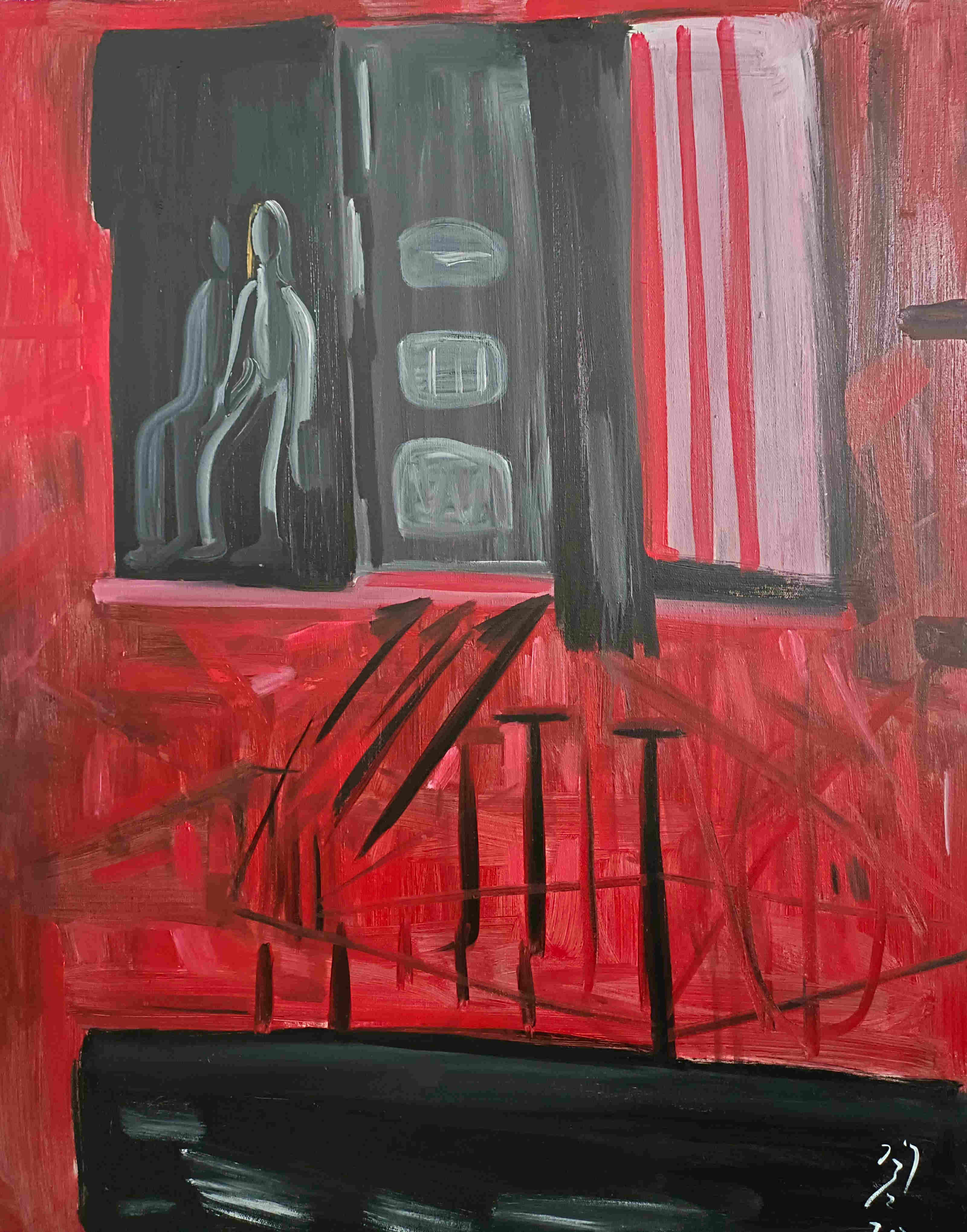 Unclear scene with red everywhere some black various brush strokes create chaotic and clam feel