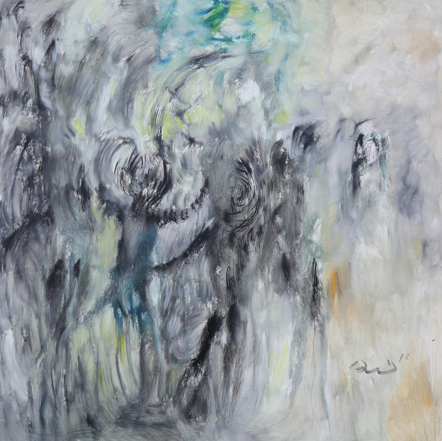 abstract painting left side mostly black and gray right side mostly light gray and little brown