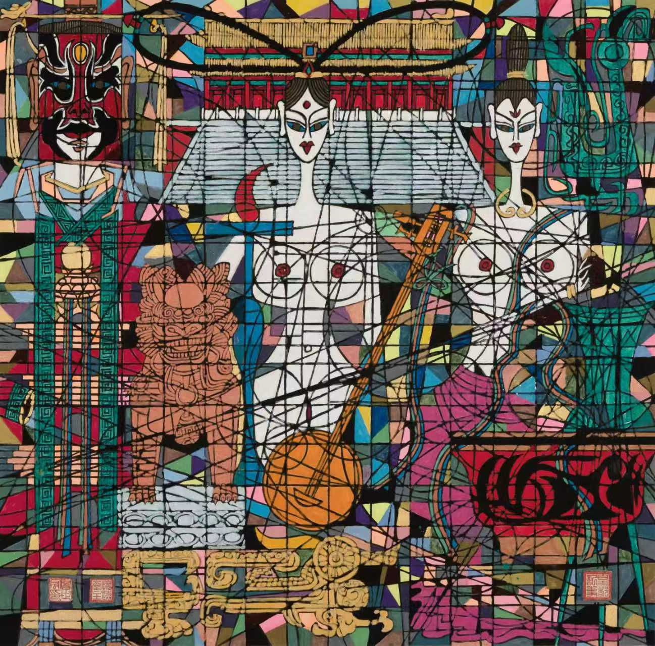 left person in chinese mask and guardian lion. two women a bango in front. Everything covered by crisscrossing black lines.