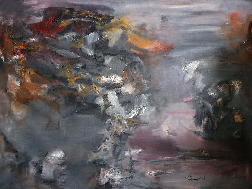 Abstract mostly black and gray with brown yellow red top left moving center of some white