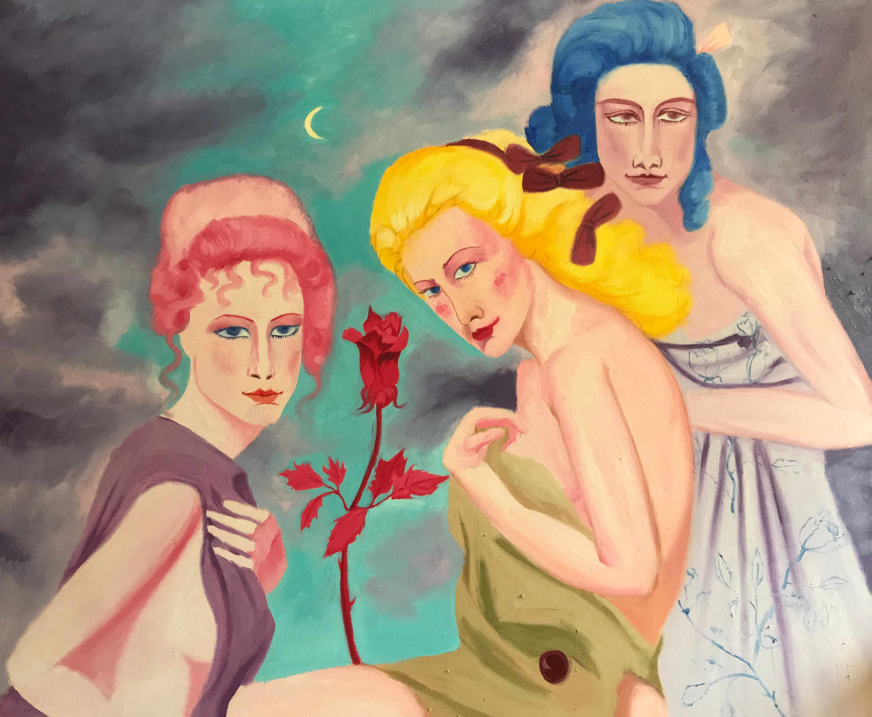 woman pink hair another yellow hair red rose in between and another blue hair behind them