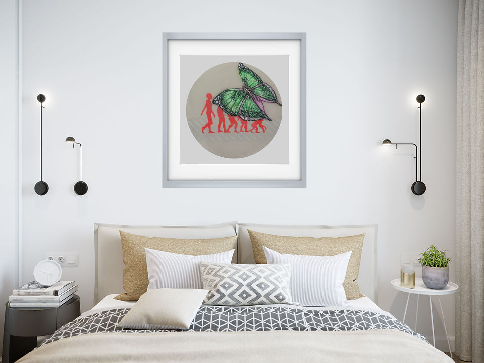 painting on light gray wall above large bed with multiple white pillows tan bed sheets blanket