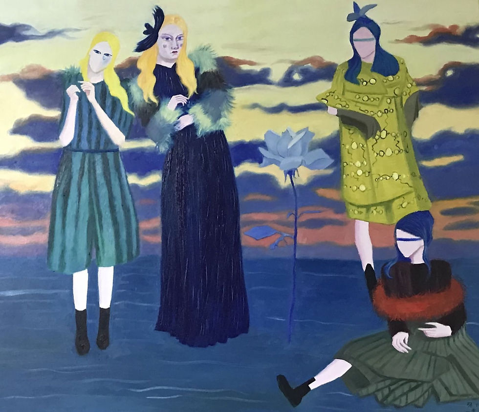 two blond women look at two other women with blue hair slim masks covering their eyes