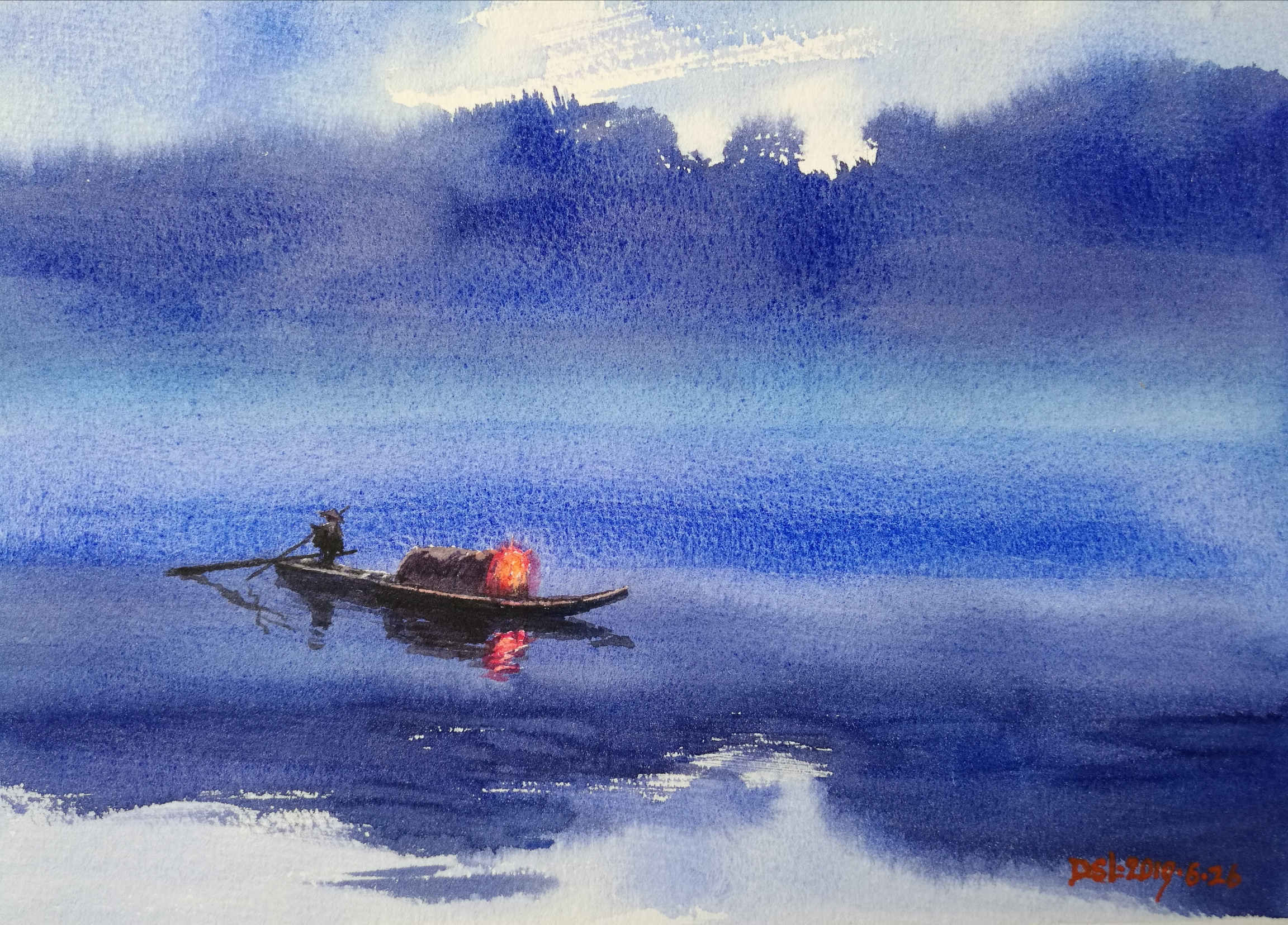 small flat wooden boat with person on purple color water purple blue clouds in background