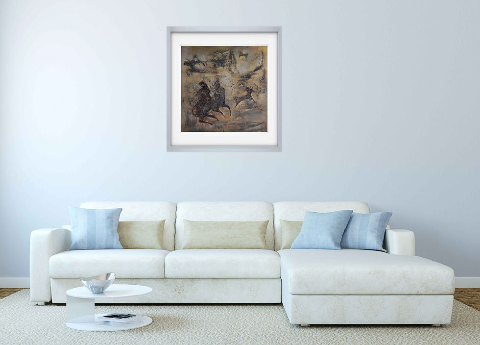 painting on light gray wall above large L shaped white sofa round coffee table in front