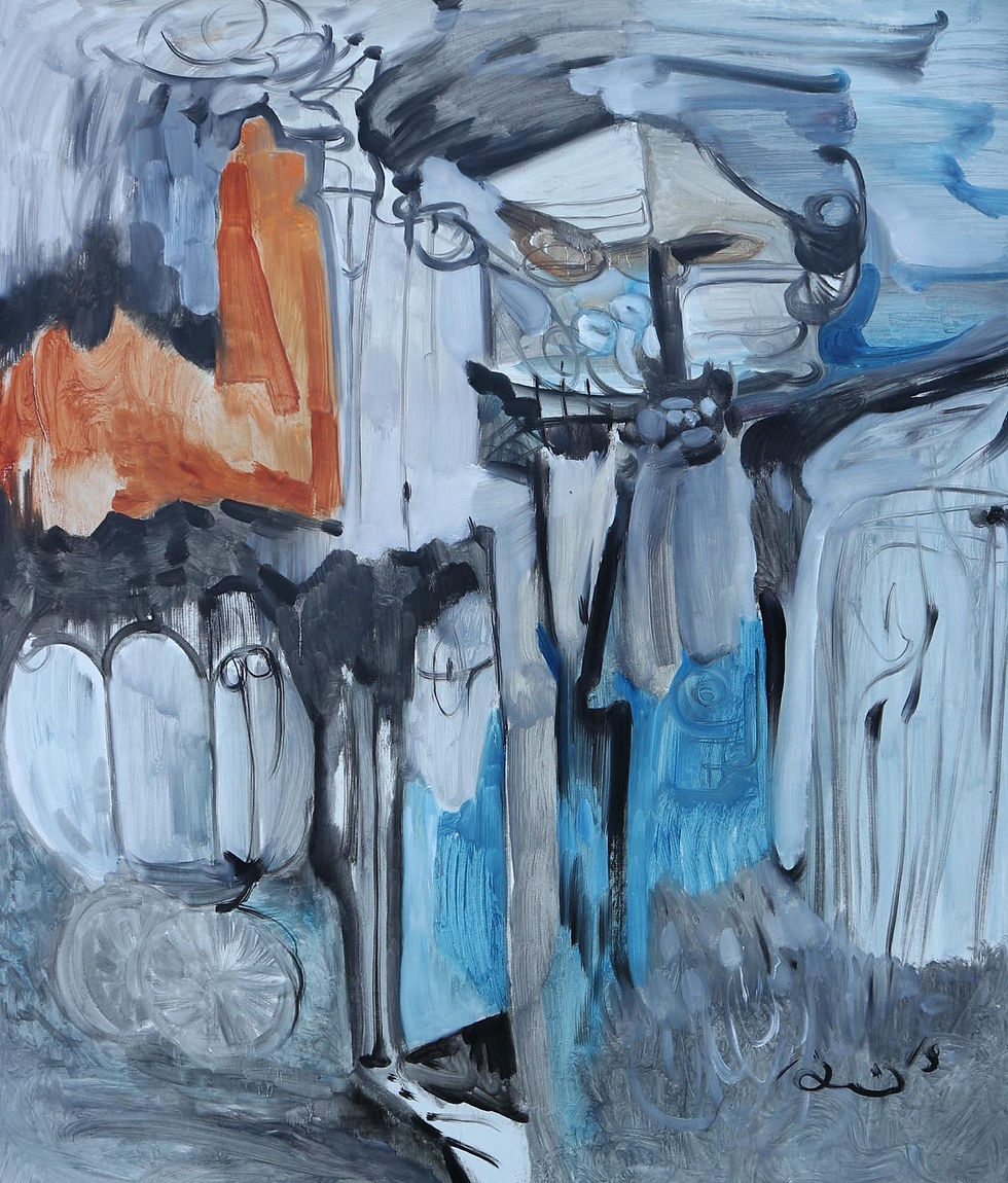 Abstract mostly black gray with some blue and brown sporadically blurry animal face top right