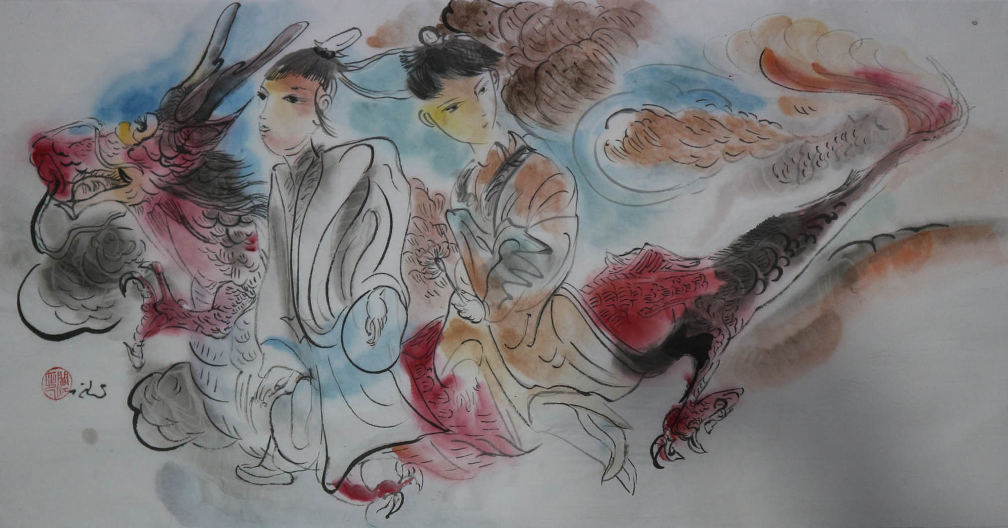 two figures wear traditional asian clothing and fly on red asian dragon