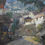 Thumbnail: impressionist like painting road in center surrounded by town buildings some trees and grass blue sky