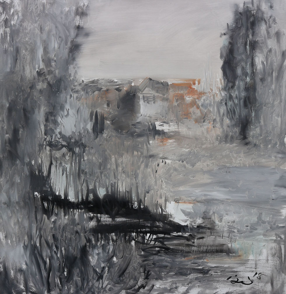 Abstract black and gray shrubbery on both sides and blurry structure centered in far off distance