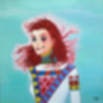 woman long red hair painted eyes wears white body suit v-neck different colors and shapes