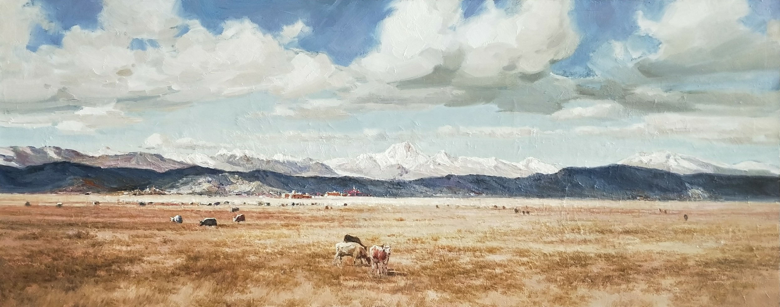 prairie with cows eat brown grass and far distance snow covered mountains blue sky with clouds