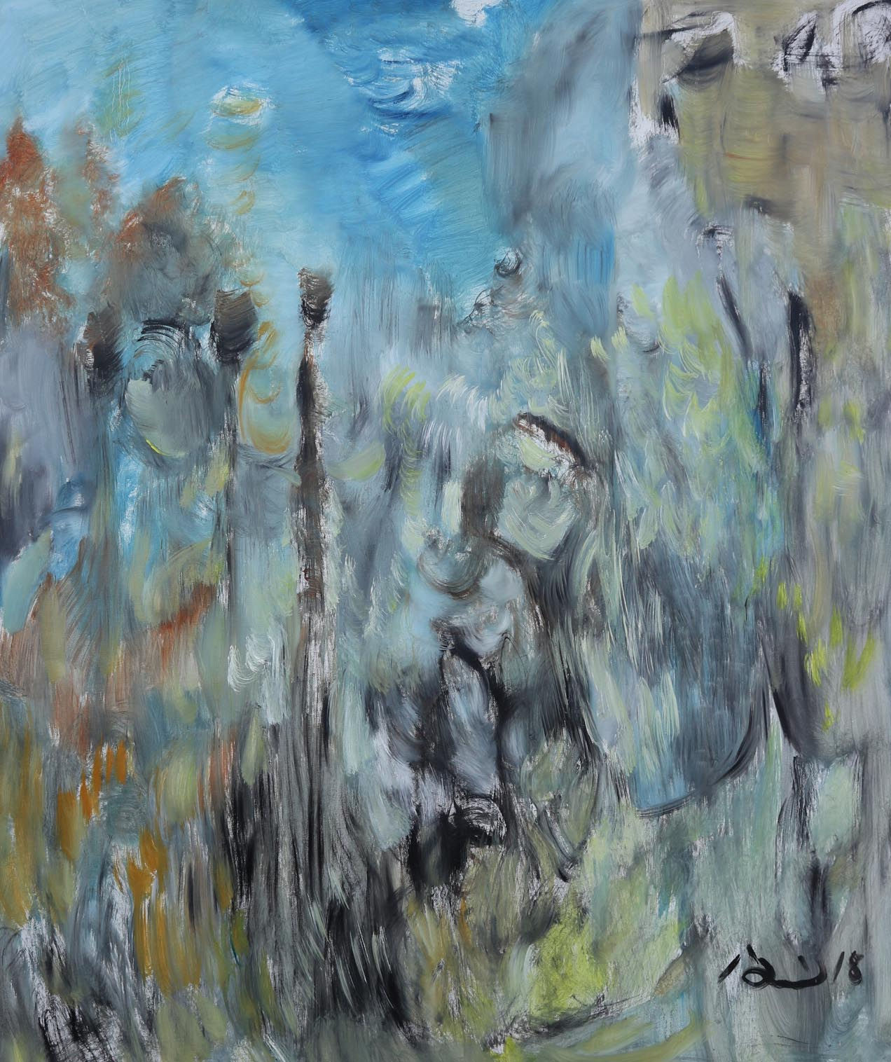 abstract painting blue at top middle to left then black brown gray green yellow spread throughout