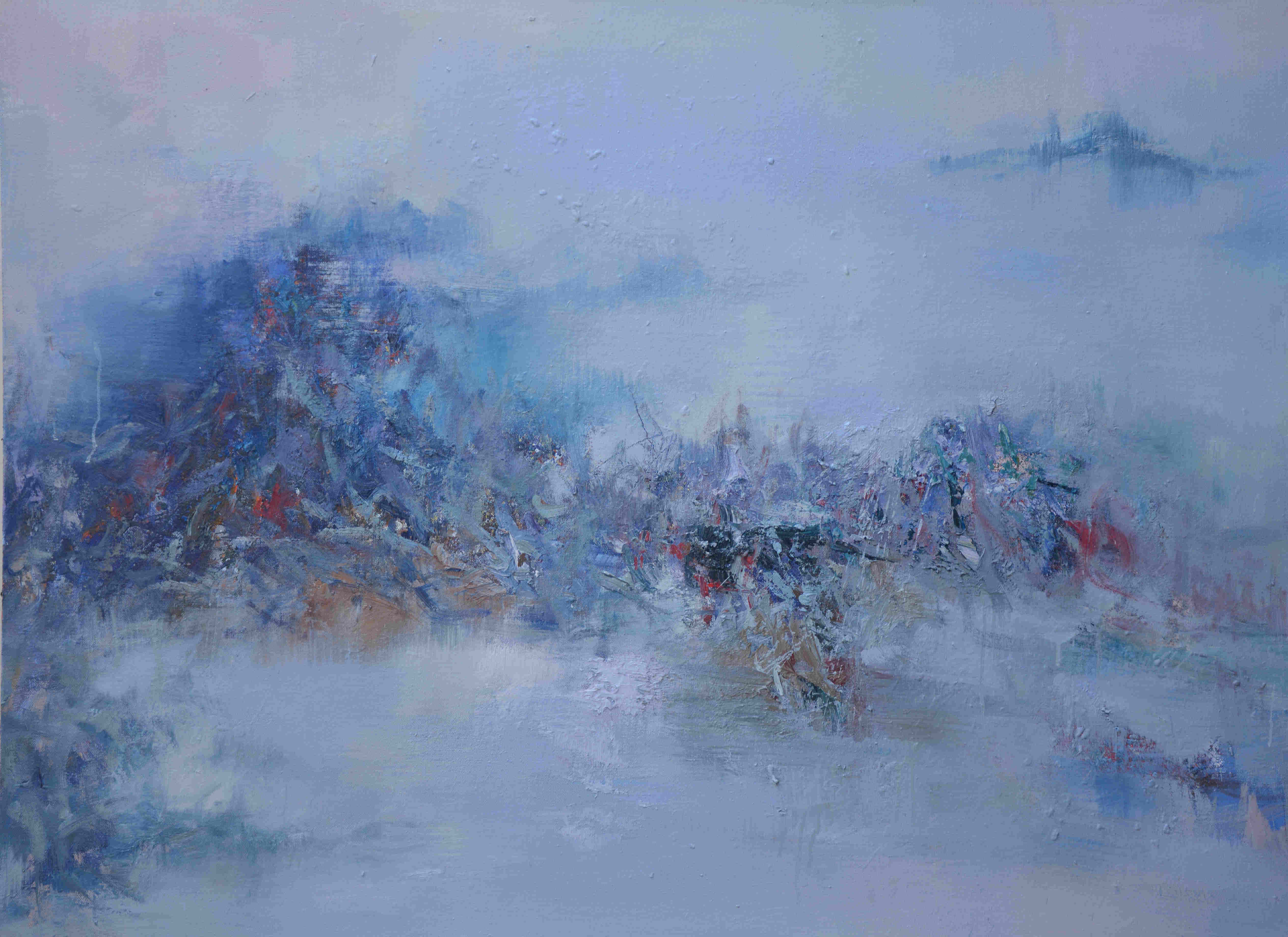 Abstract pastel mauve with blueish purplish in center horizontally across scene like mountains