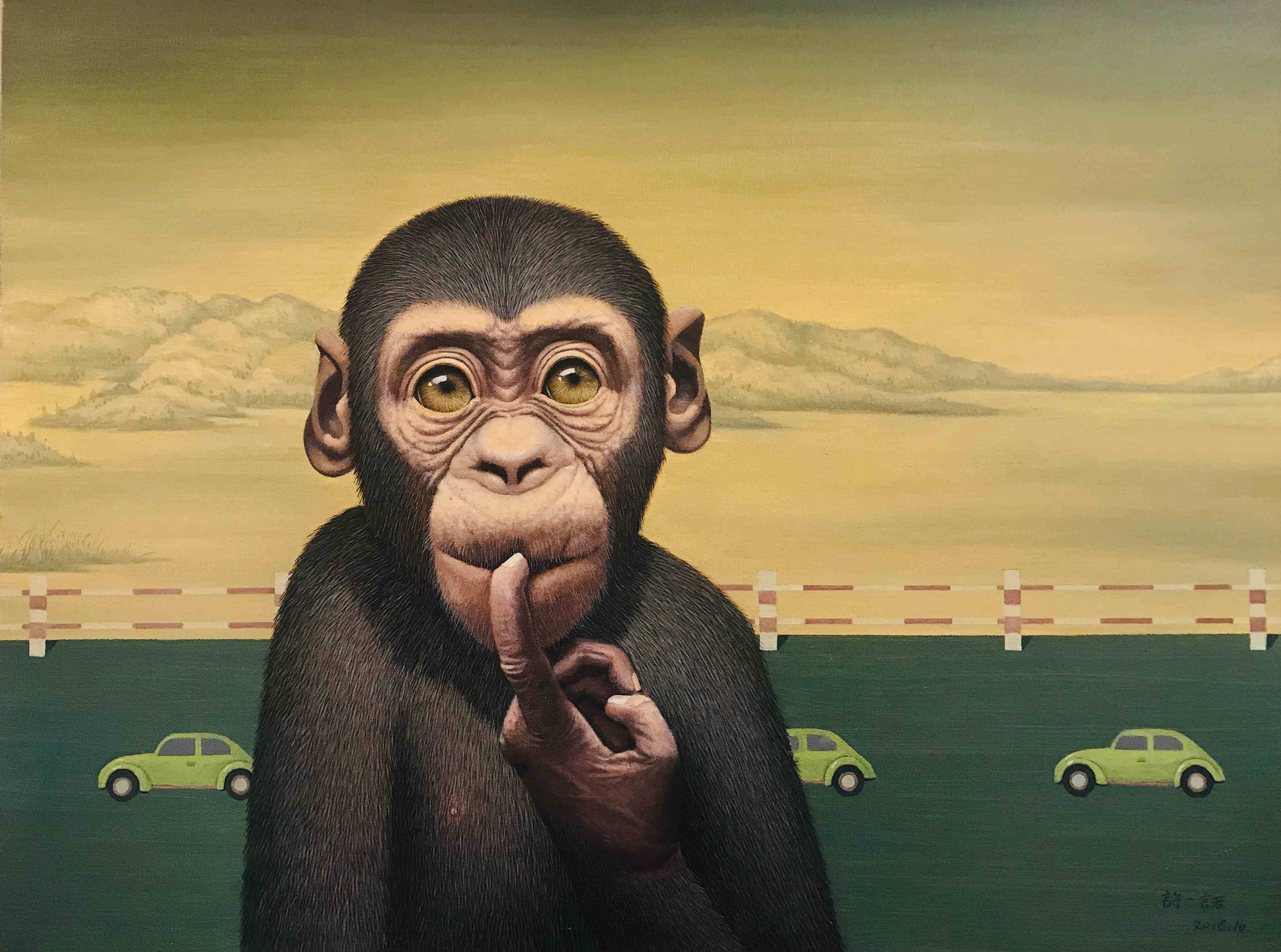 Portrait of brown primate left index finger to mouth yellow cars pass right to left background