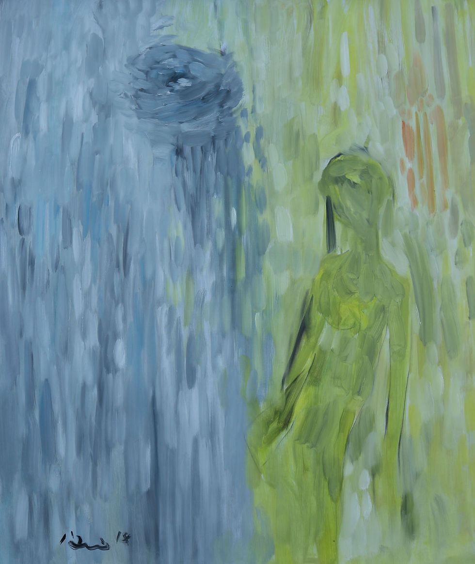 Abstract gray on left and light green on right with light green blurry figure on right