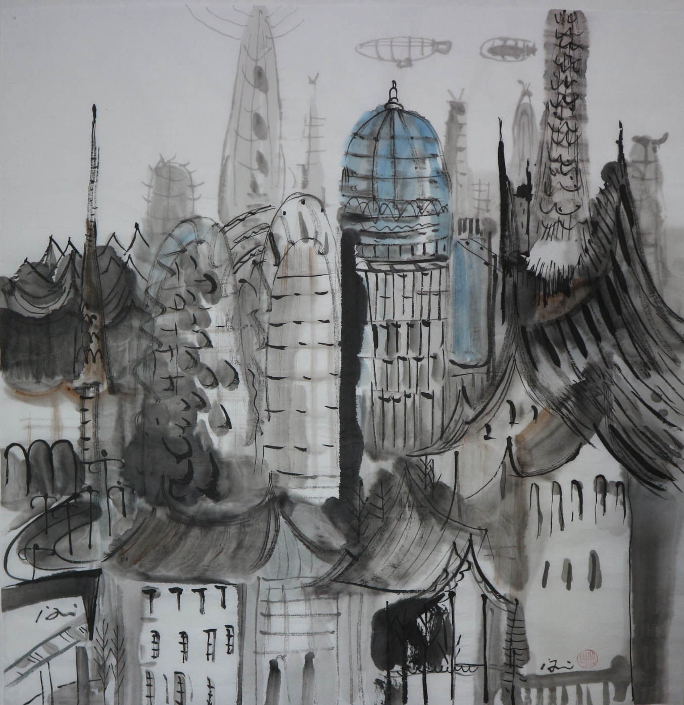 mostly black and white painting little color of city with many buildings different sizes