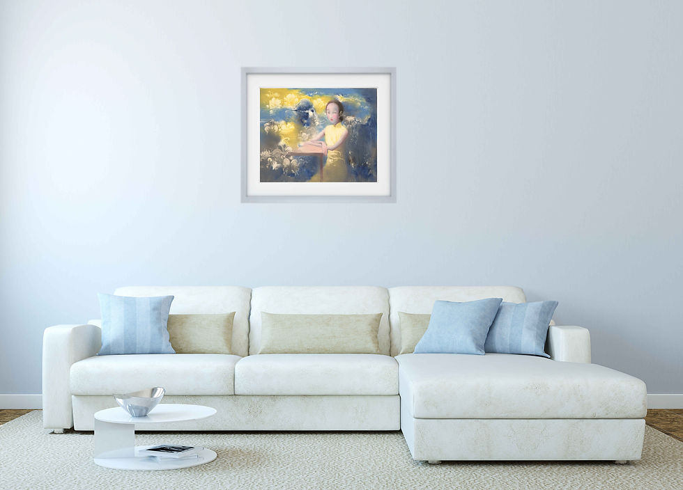 painting on light gray wall above large L shaped white sofa glass coffee table in front