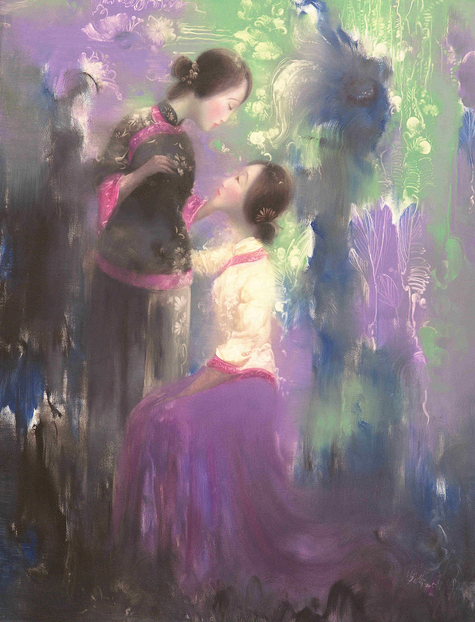 woman black Chinese dress stands left hand gently on face woman sitting purple dress yellow blouse