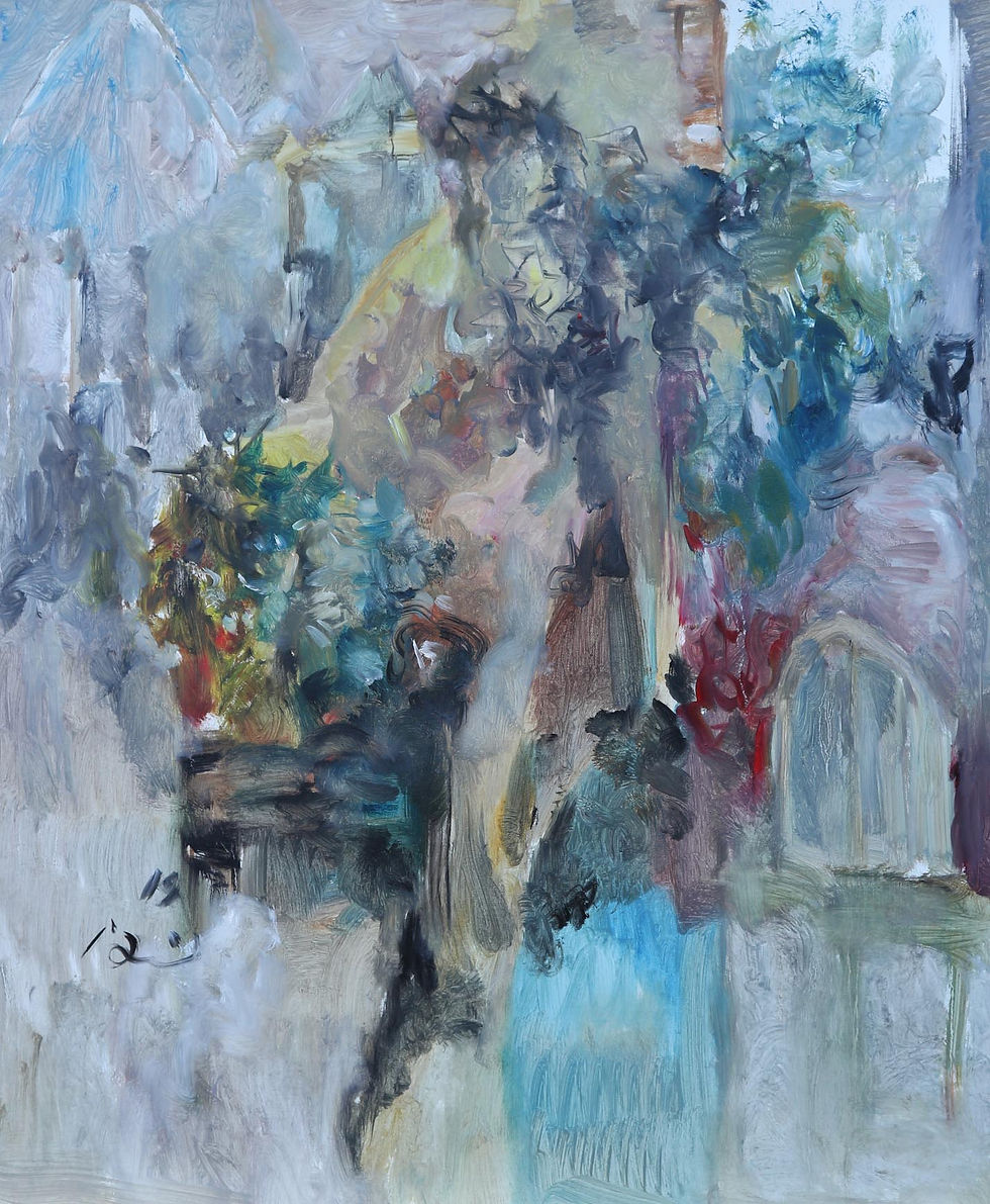 Abstract mostly gray with large mix of black brown green red in center to right top