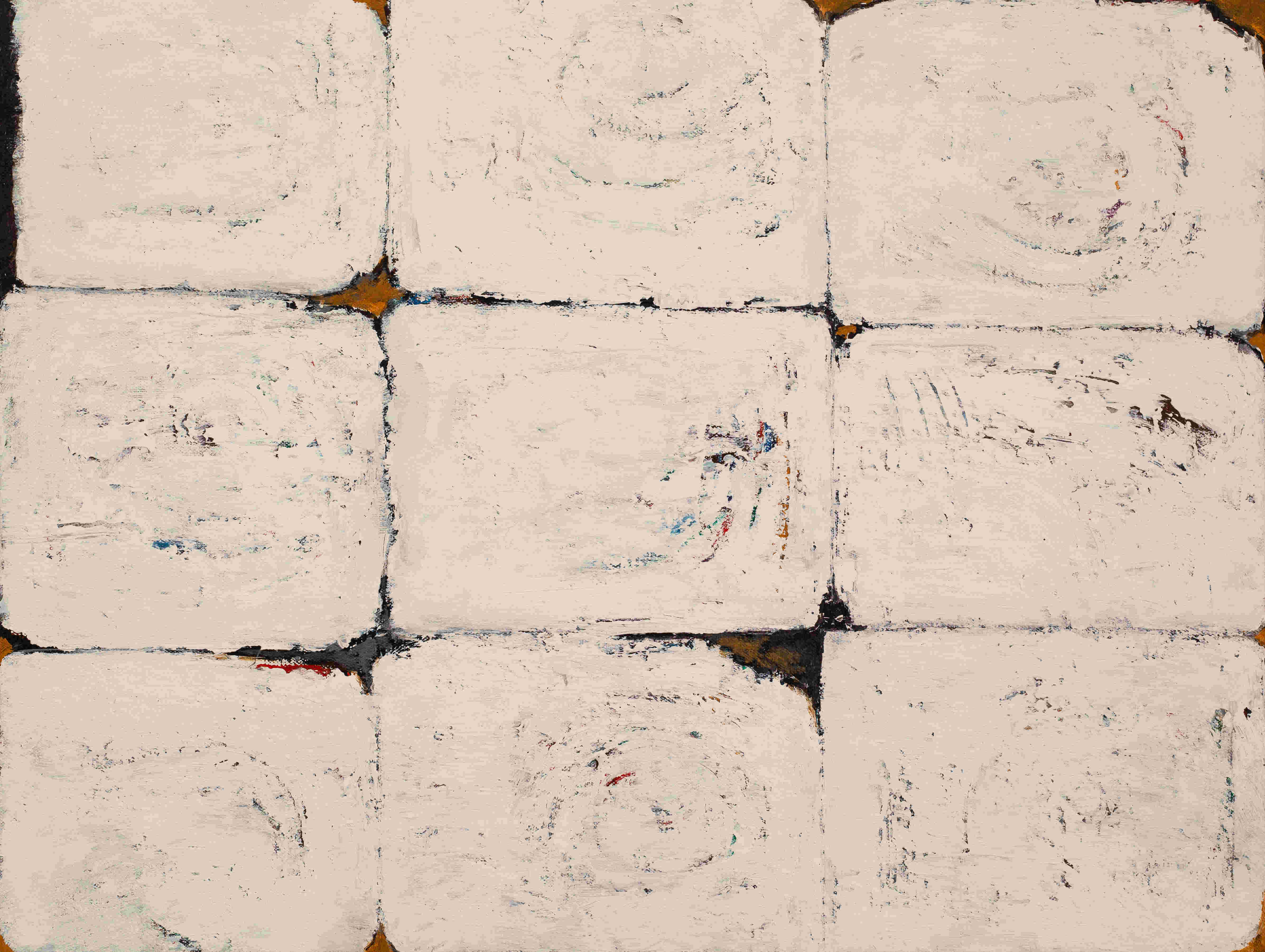 Cross section of four by four inches pieces of sandy colored wood stacked three by three