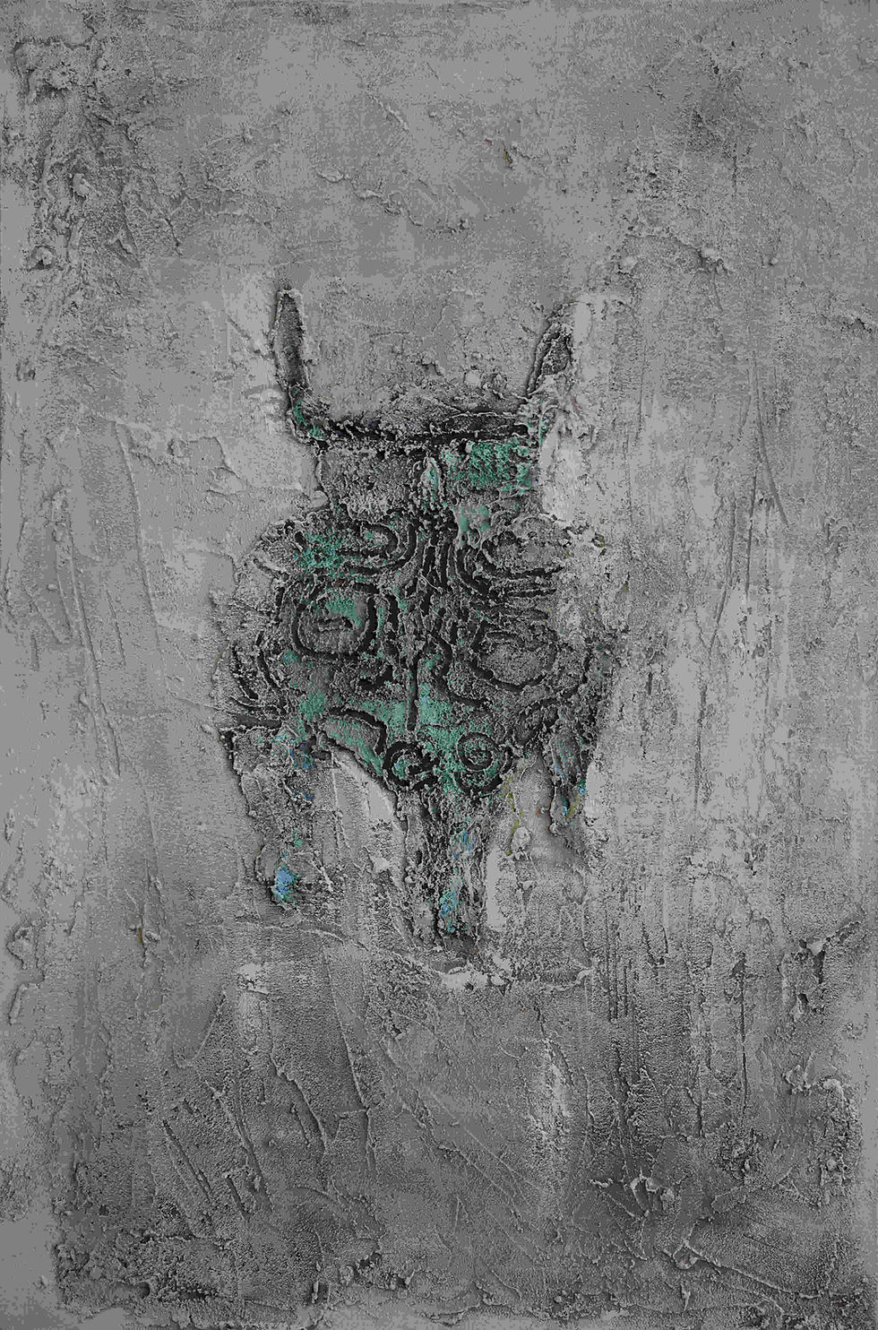 Gray background with black chinese three leg ding in center and a textured surface of painting