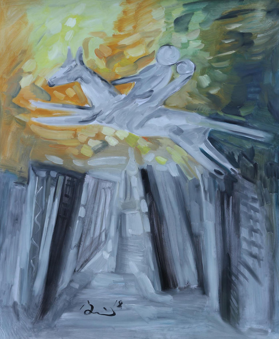 two gray stick figures on gray horse leaping over black gray canyon and tan in background