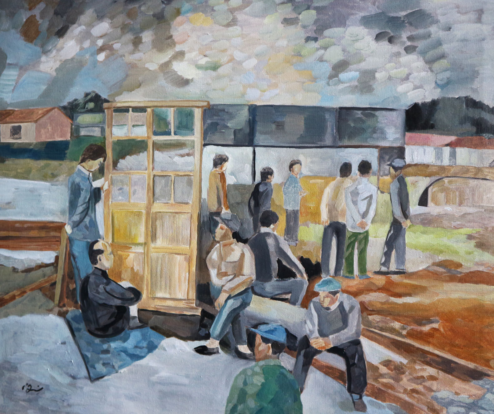 cubist like painting many people standing and sitting around buildings of different colors in background