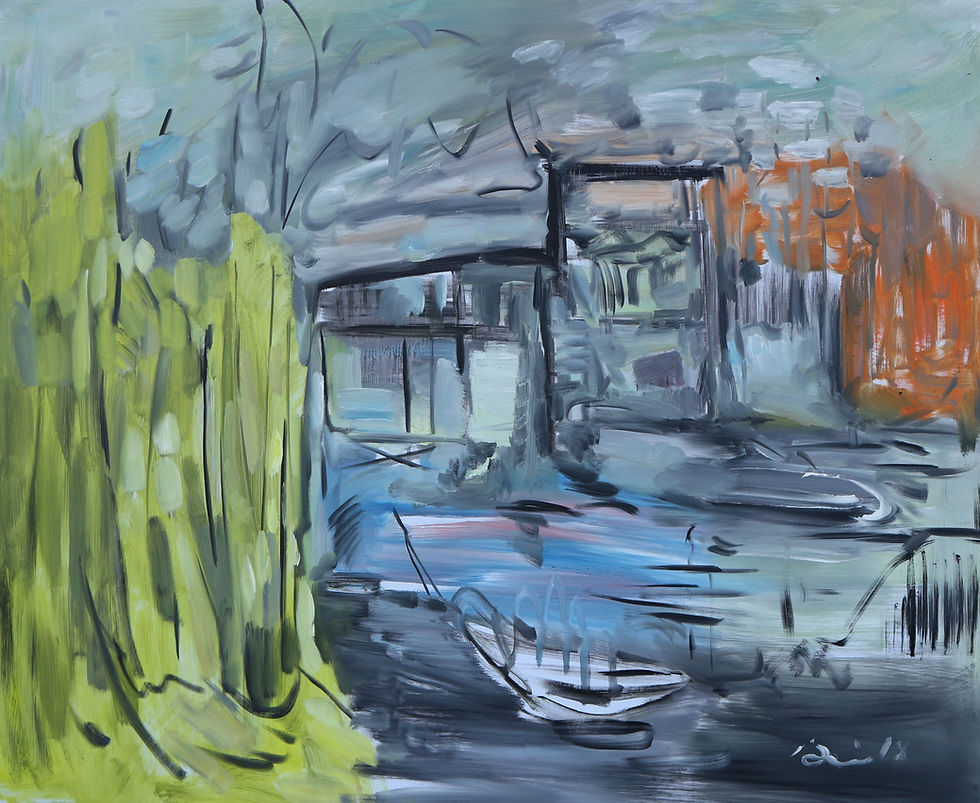 Abstract grayish black with some blue plus bright green spot on left with building in background