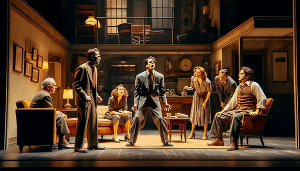 DALL·E 2024-02-02 21.58.48 - A dramatic scene on a theater stage, capturing five actors de