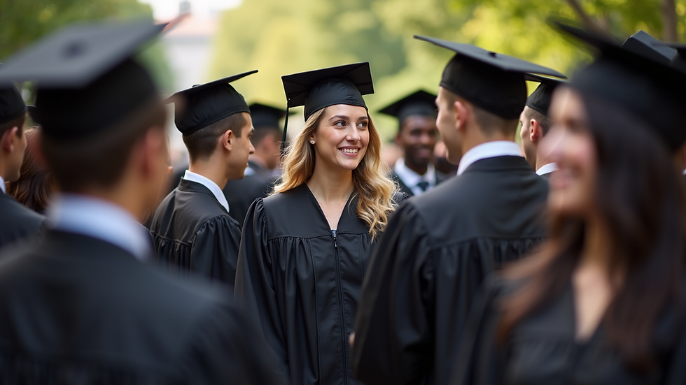 Eye-level view of a diverse group of college graduates celebrating their achievements