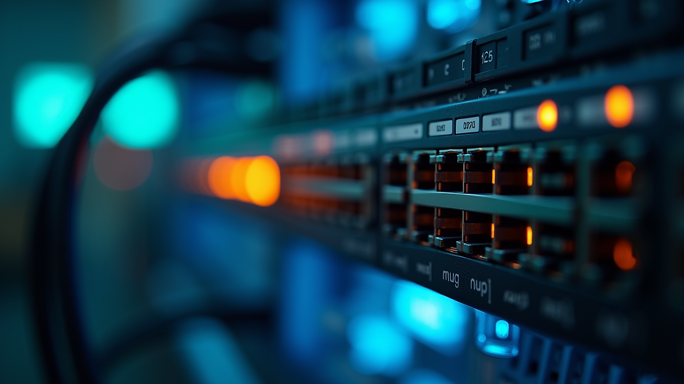 Close-up view of a network switch with blinking lights