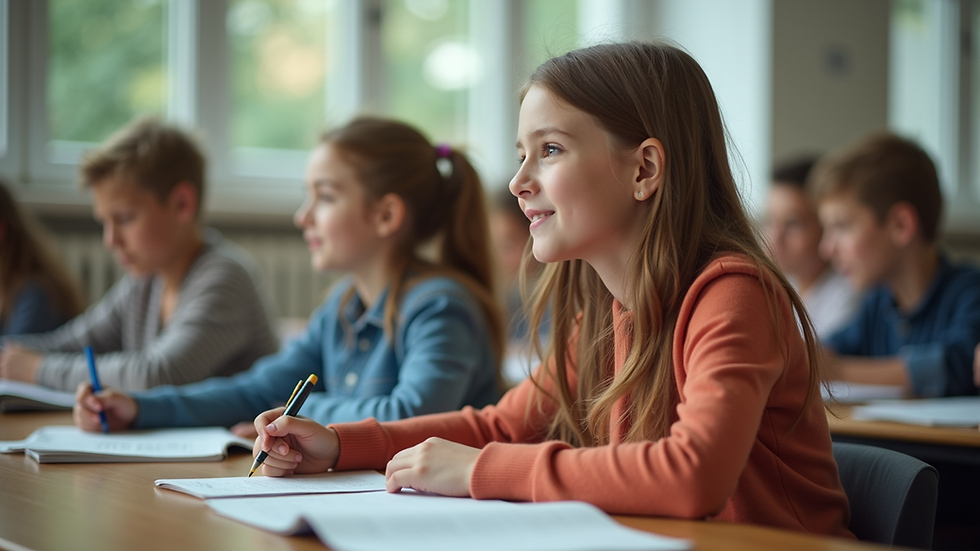 Eye-level view of a classroom filled with eager students learning together