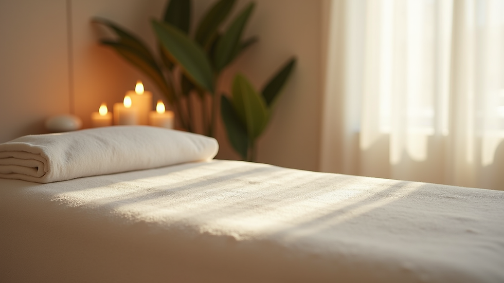 Close-up view of a massage table with soft linens and calming decor