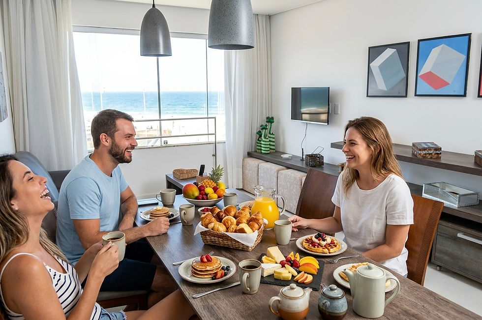 Vista da mesa de jantar na sala com com janela grande com vista para a praia e orla de Salvador para aluguel por temporada