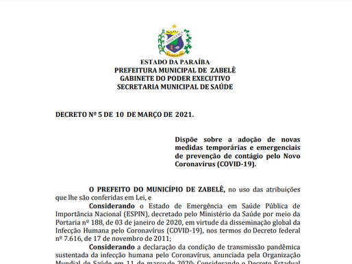 EXCLUSIVO: Prefeito de Zabelê publica decreto para conter avanço da Covid-19