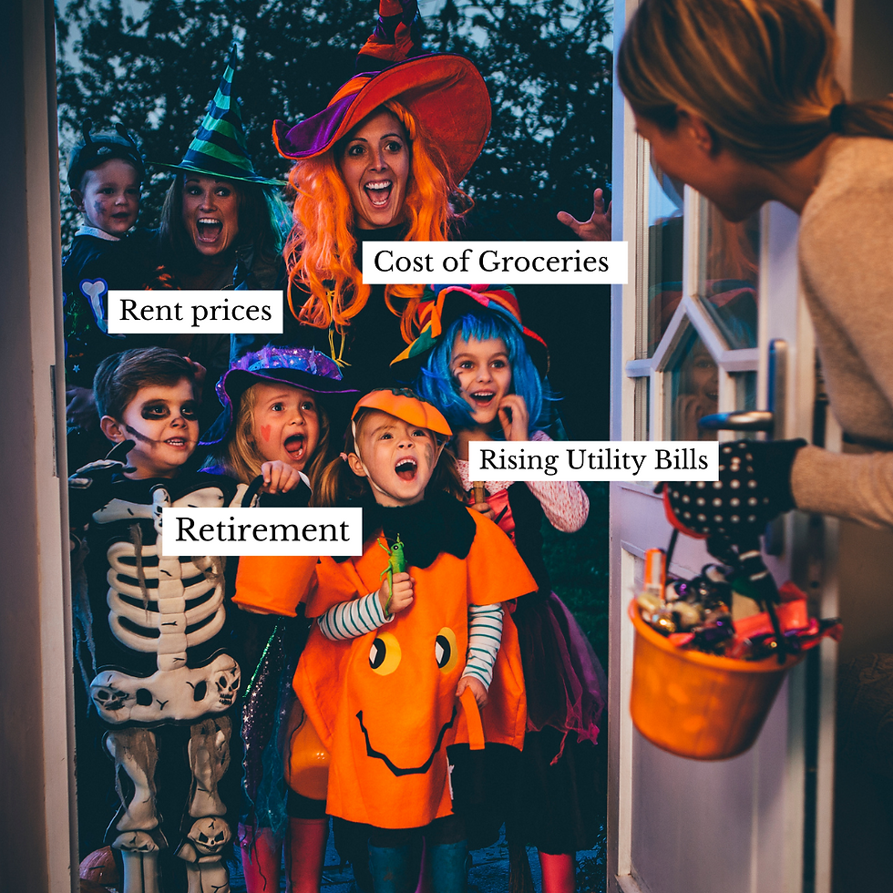 Trick or treaters at the door dressed as things that scare adults like rent prices, cost of groceries, retirement and rising utility costs