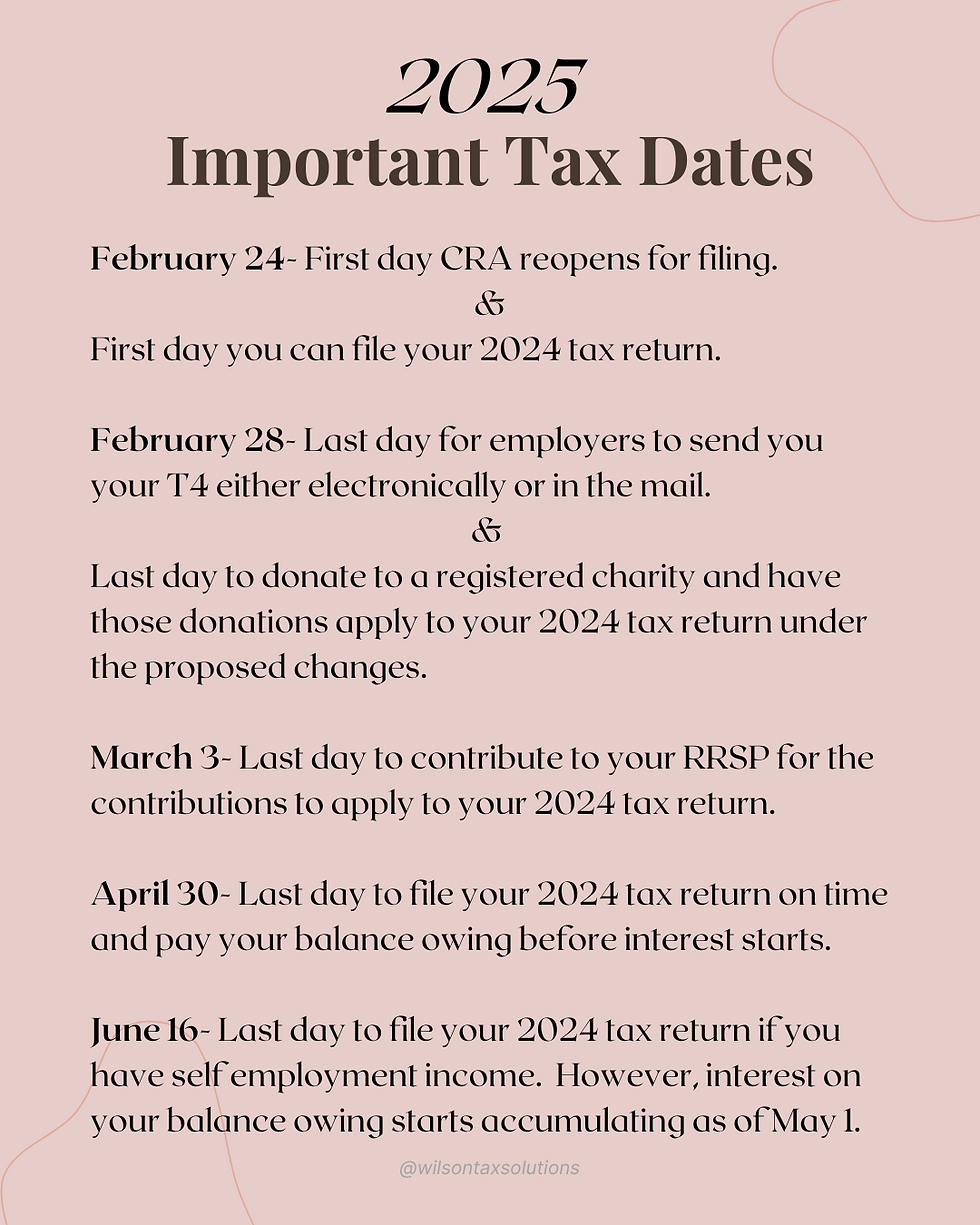 2025 Important Tax Dates list on a pink background, detailing deadlines from January to June for filing, donations, and RRSP contributions.