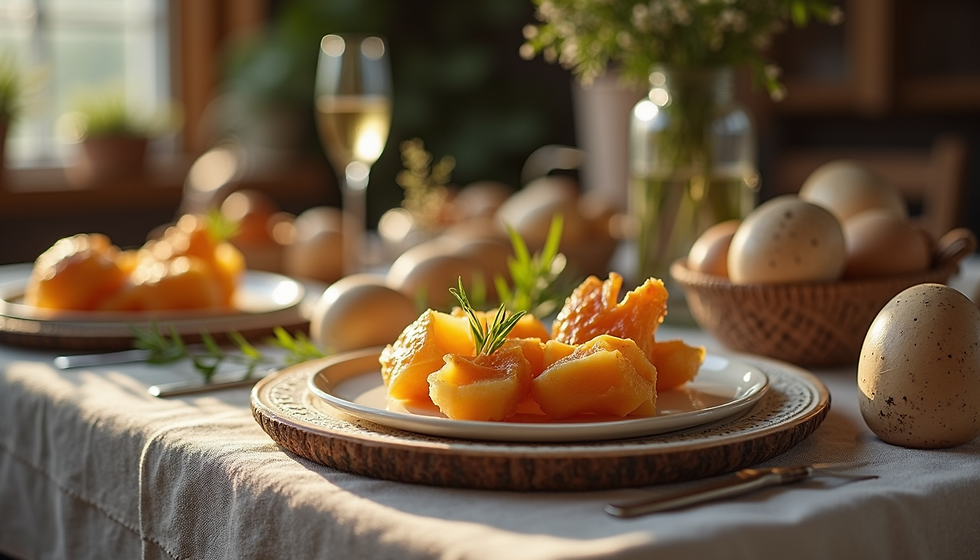 Easter table set with festive dishes and decorated eggs, highlighted by natural light streaming through a window.
