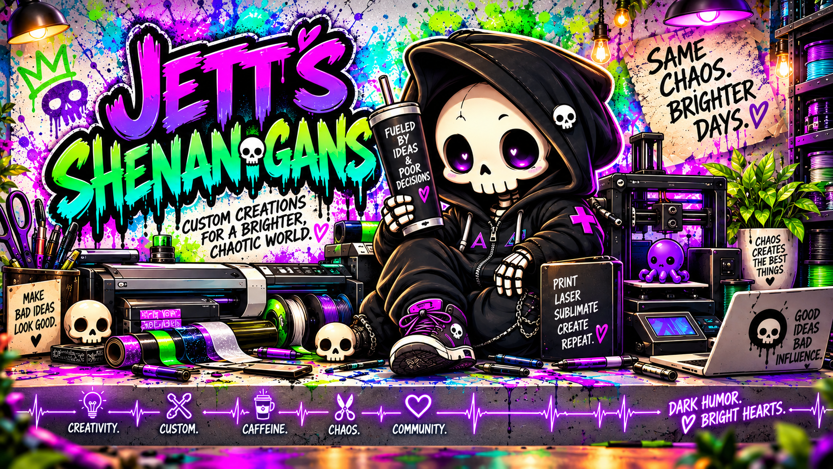 Jett's Shenanigans Grim mascot in a neon chaotic maker workshop