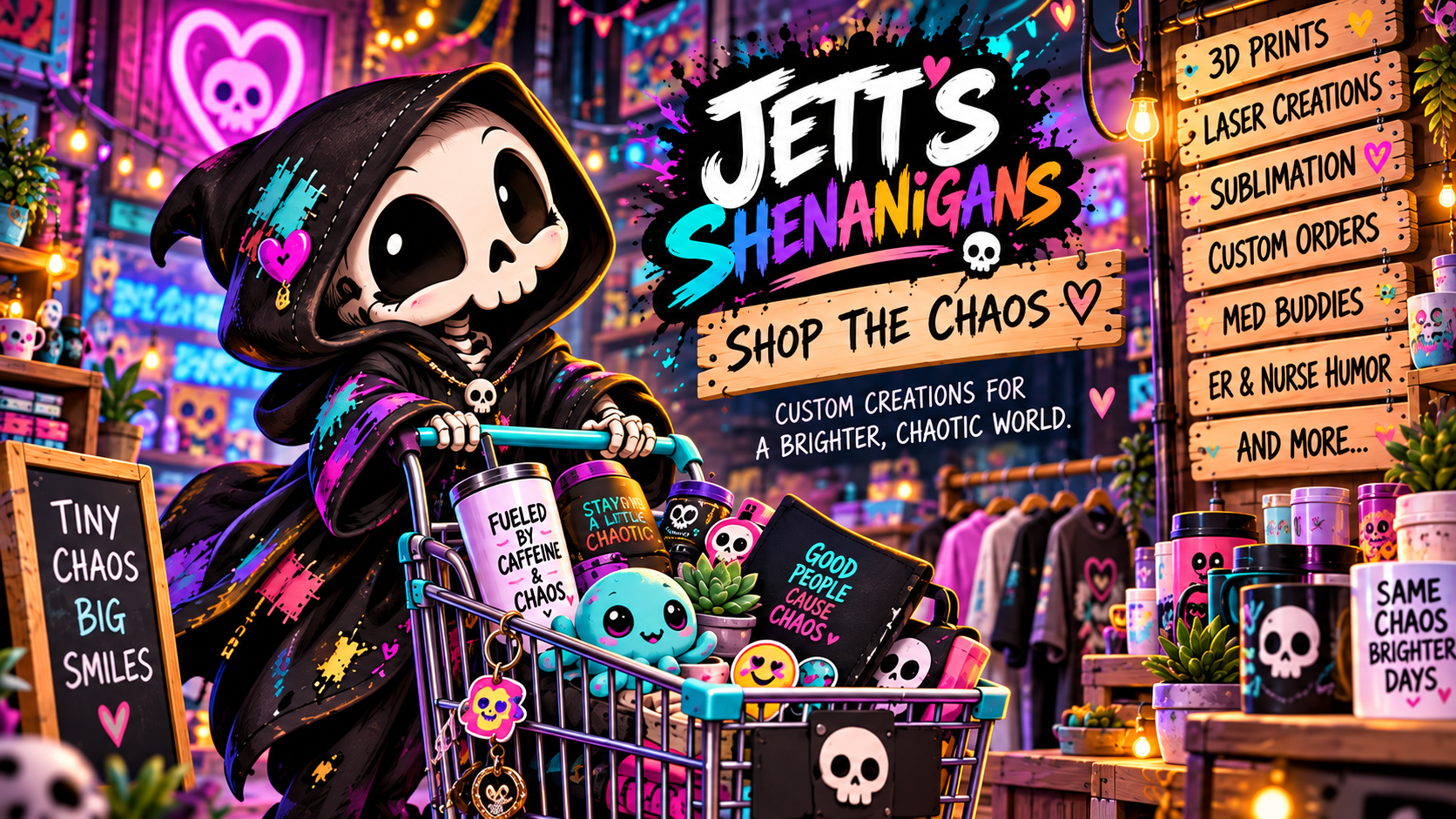 Jett's Shenanigans — Shop the Chaos, featuring Grim pushing a shopping cart through the colorful Jett's Shenanigans shop
