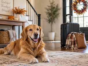 Dog relaxing at home while its family prepares for holiday travel