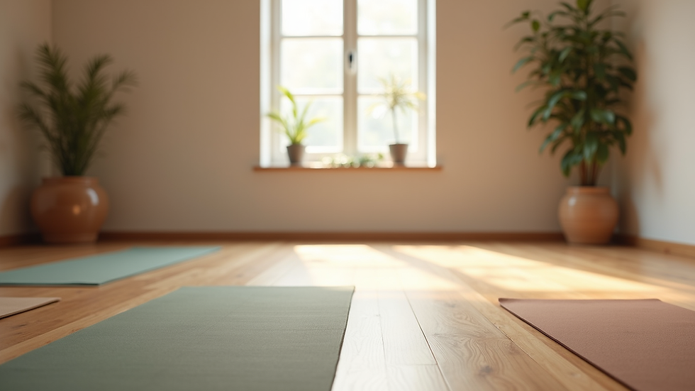 Eye-level view of a serene yoga studio with mats and natural light
