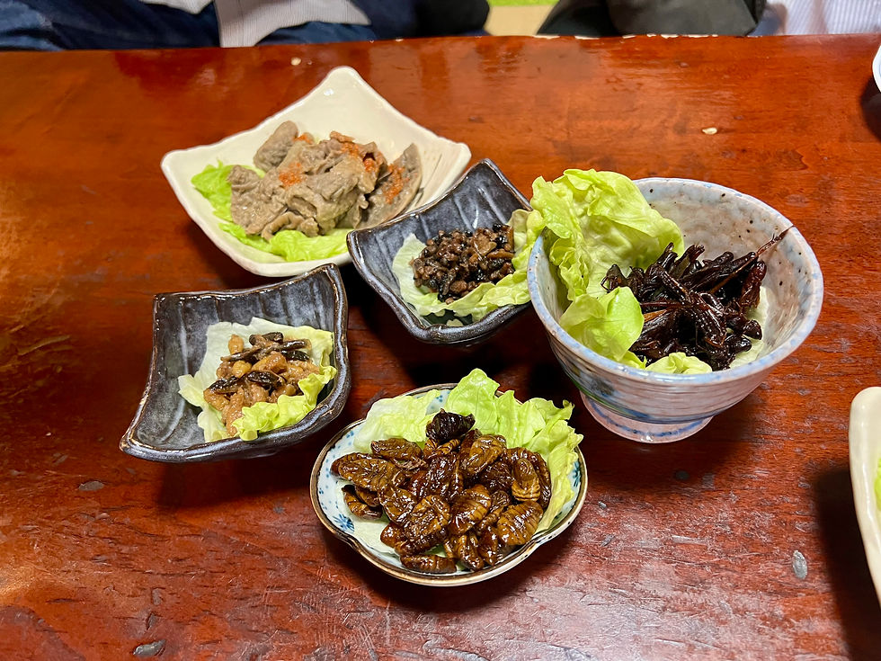 Clockwise from top left. Otaguri, Hachinoko, Inago, Silkworm pupae and Hachinoko. There are two kinds of hachinoko - depending on the species.