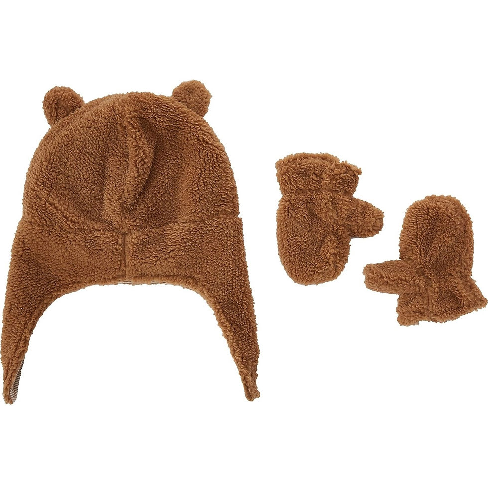 baby's hat and mittens that resemble a bear