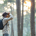 Photo of a man looking up through his binoculars in a forest.