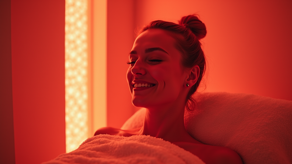 Eye-level view of serene wellness room with red light therapy setup