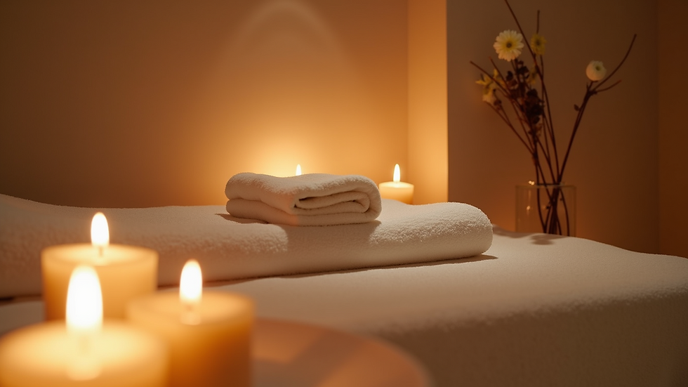 High angle view of a tranquil spa room with candles and soft lighting