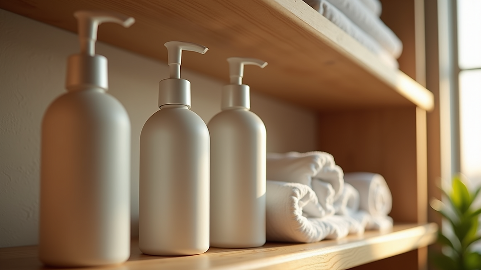 Close-up view of spa treatment products arranged neatly on a wooden shelf