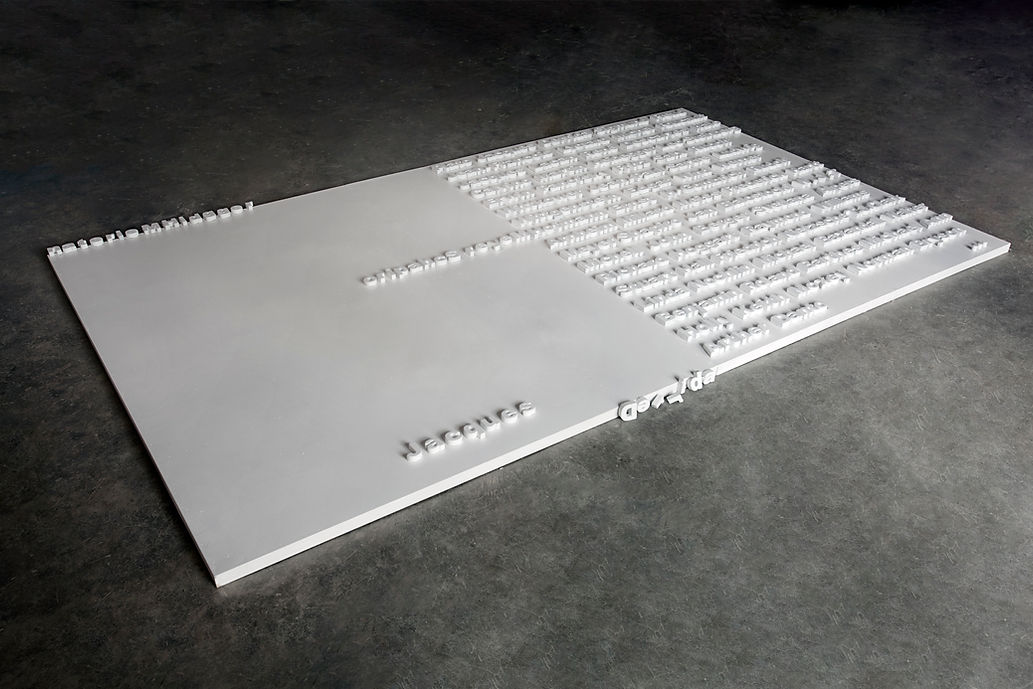 How to Read Contemporary Art; Cement words on wooden board (541 characters); 190 x 320 cm;