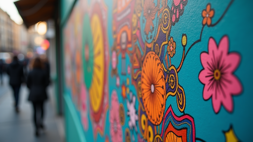 Close-up view of a colorful event poster on a city wall